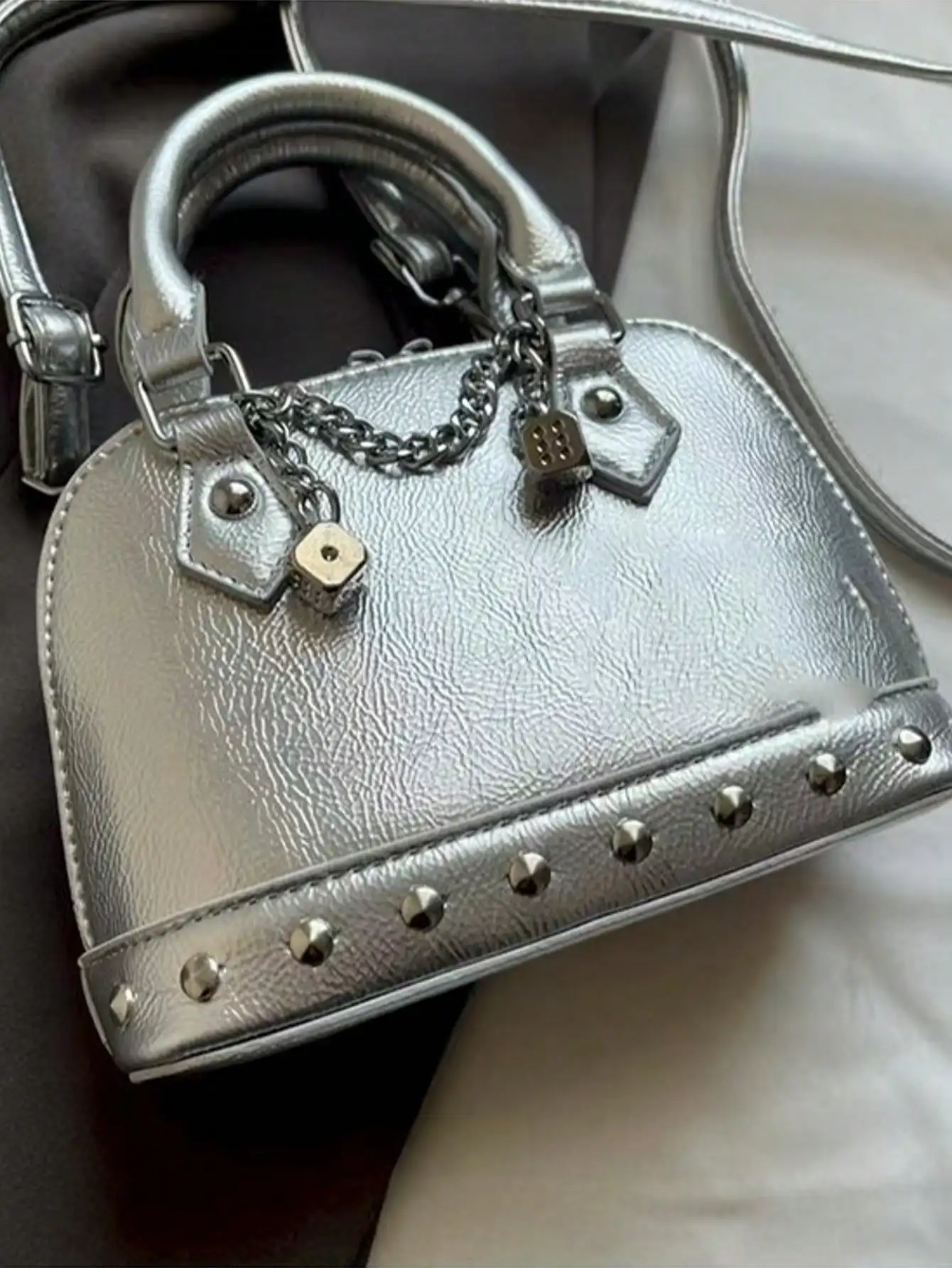 Silver PU Punk Rivet Chain Shell Bag - Mini Clutch/Underarm Bag for Shopping & Commuting