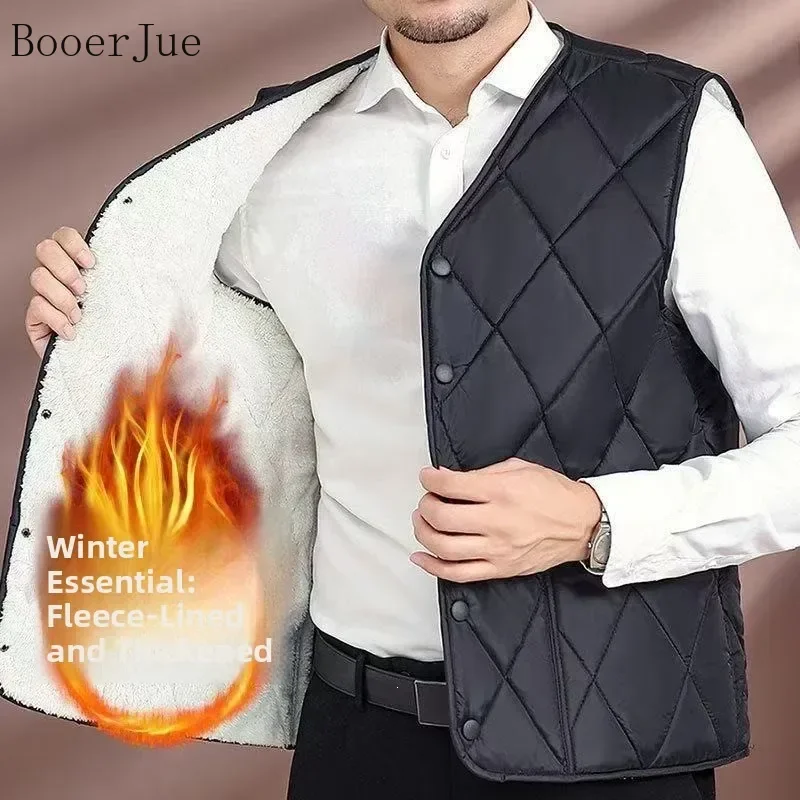 Thickened Fleece Lined Men's Vest  Autumn Winter Warm Outdoor Fishing Camping Sports Striped V‑neck Sleeveless Top nner Wear