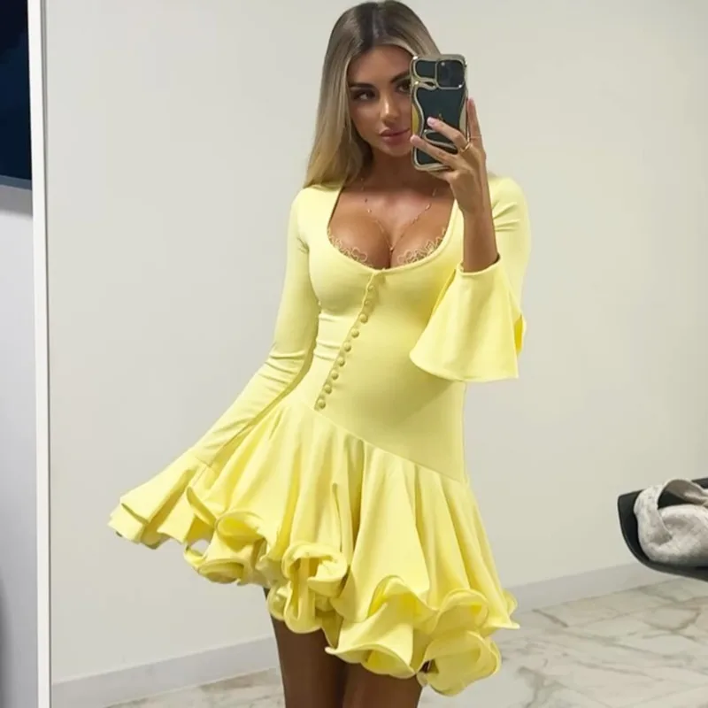 

Talenza Ruffle Hem V-Neck A-Line Dress For Women Single Breasted Long Sleeve Irregularly Bodycon Lady Party Streetwear Outfits