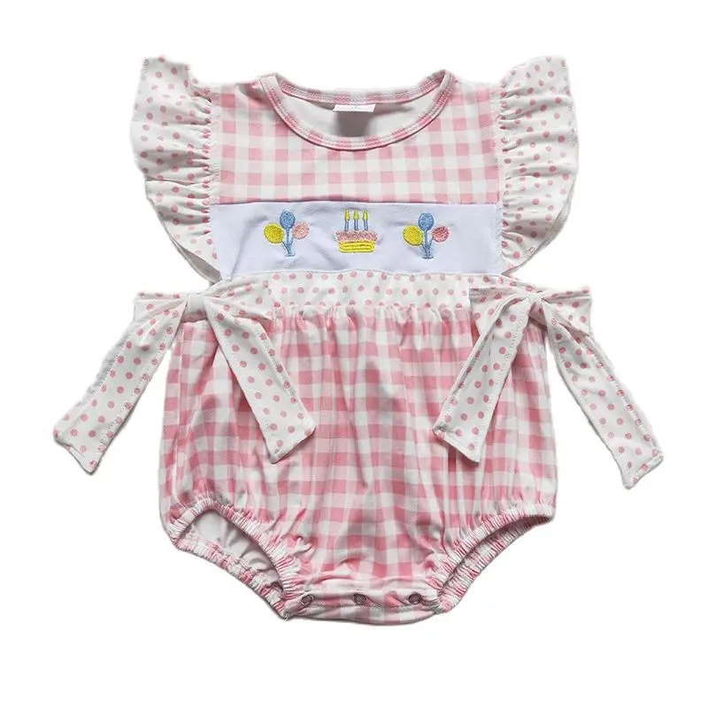 Wholesale Baby Girl Newborn Happy Birthday Romper Bubble Embroidery Pink Plaid Bow Jumpsuit Kid Toddler Summer One-piece Clothes