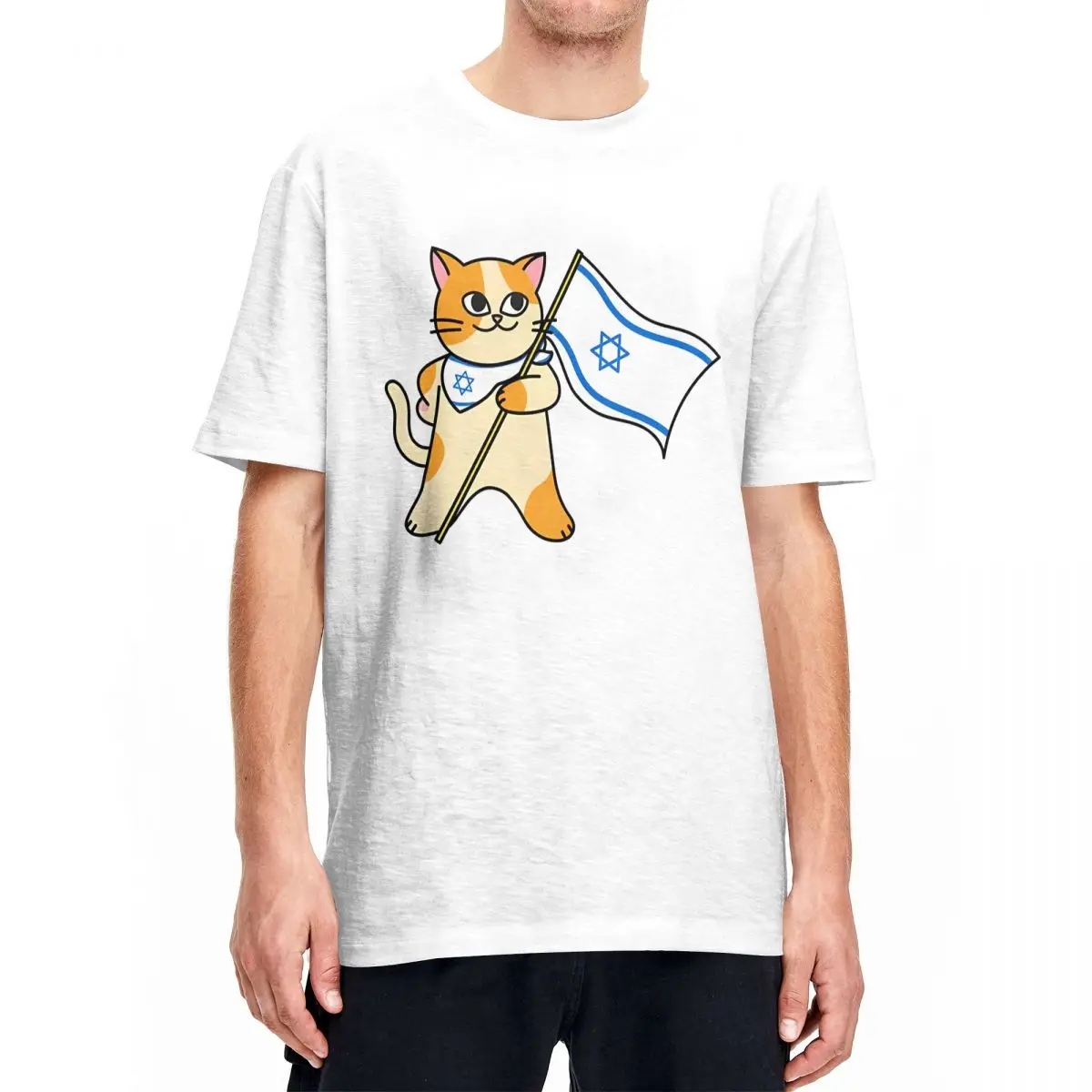 Zionist Pro-Israel Cat Holding An Israeli Flag T Shirt Cotton Top Tees Streetwear Short Sleeve T-Shirt O Neck Printed Tee Shirt