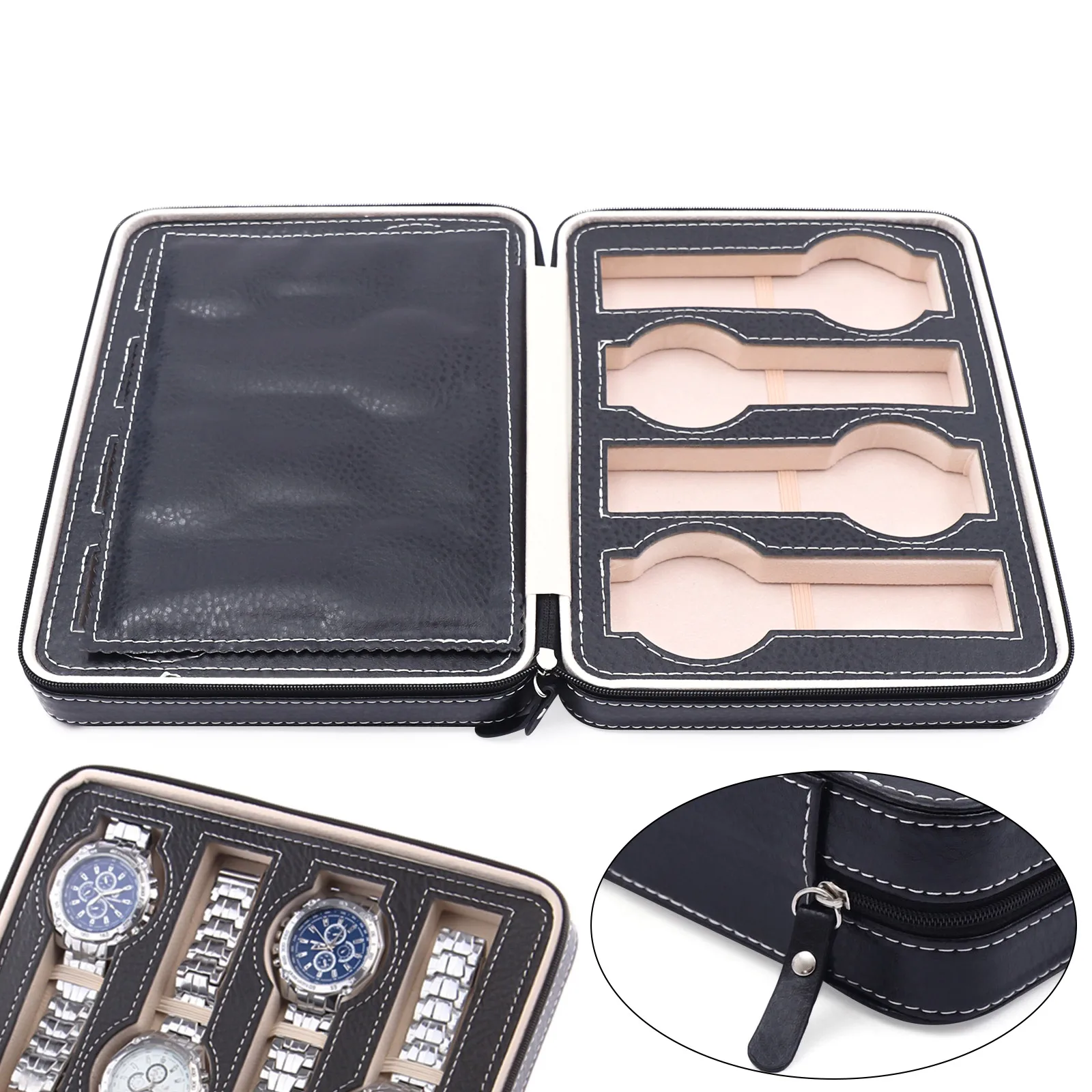 

8-Slot Leather Watch Storage Case, Black Modern Rectangular Watch Organizer Box, Compact Desktop Display Holder Holds 8 Watches