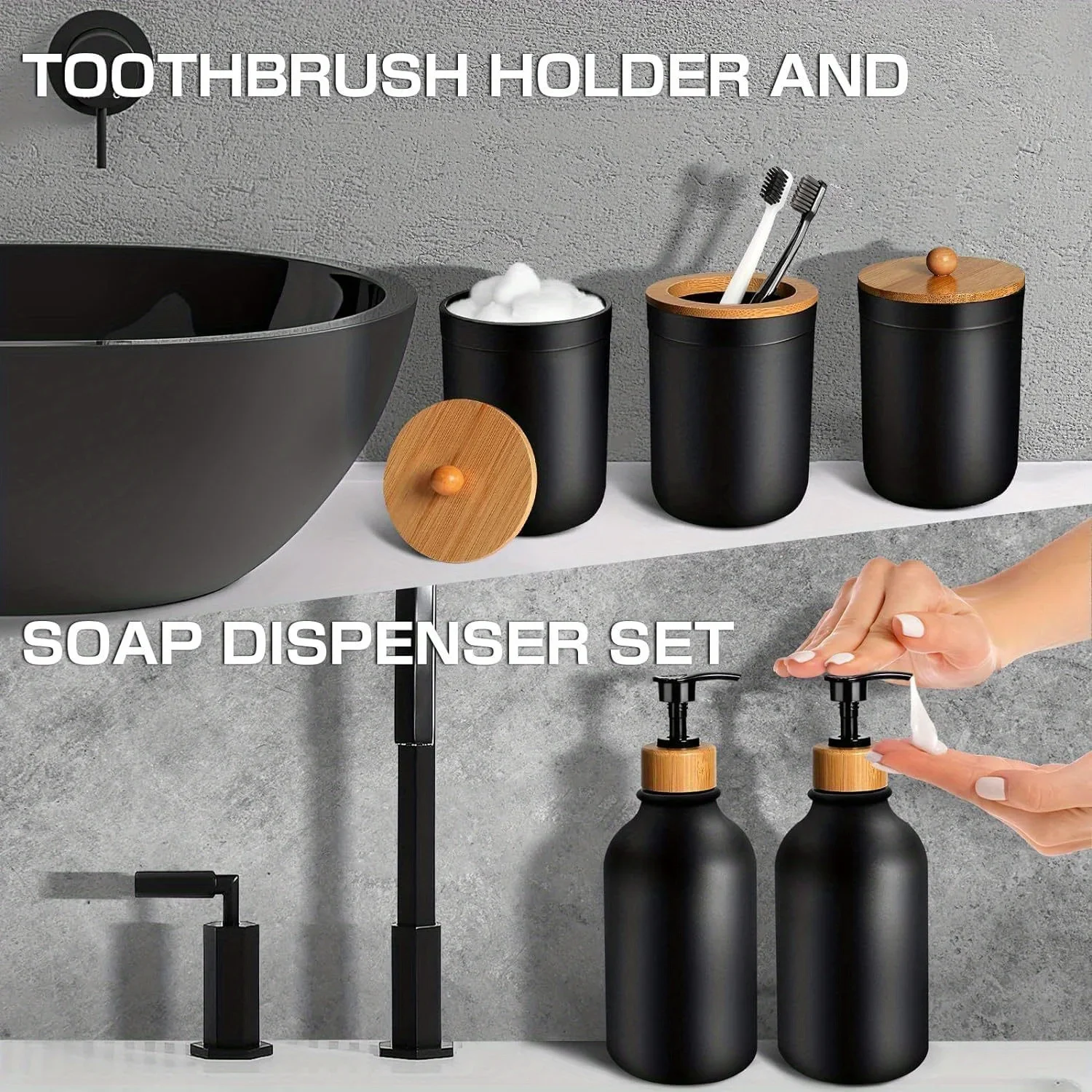 Plastic Soap Dispenser and Toothbrush Holder Set Bohemian Bathroom Decoration Accessories Set Matte Black Bathroom Accessories