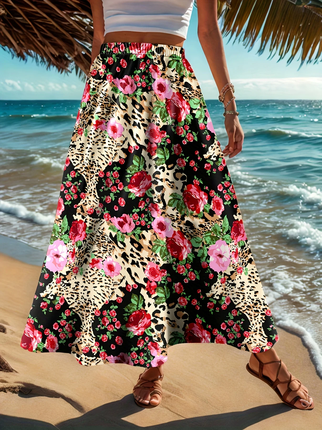 

Женская эластичная макси-юбка трапециевидной формы с высокой талией и смешанным принтом леопарда и розы для отпуска