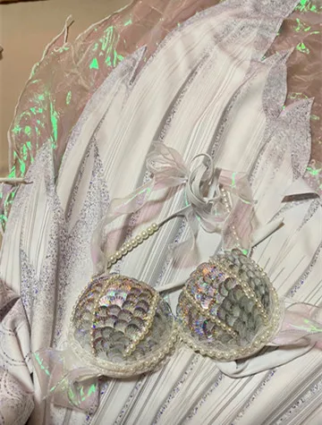 sequin bikini top bra, aquarium bar performance costume, fish tail skin