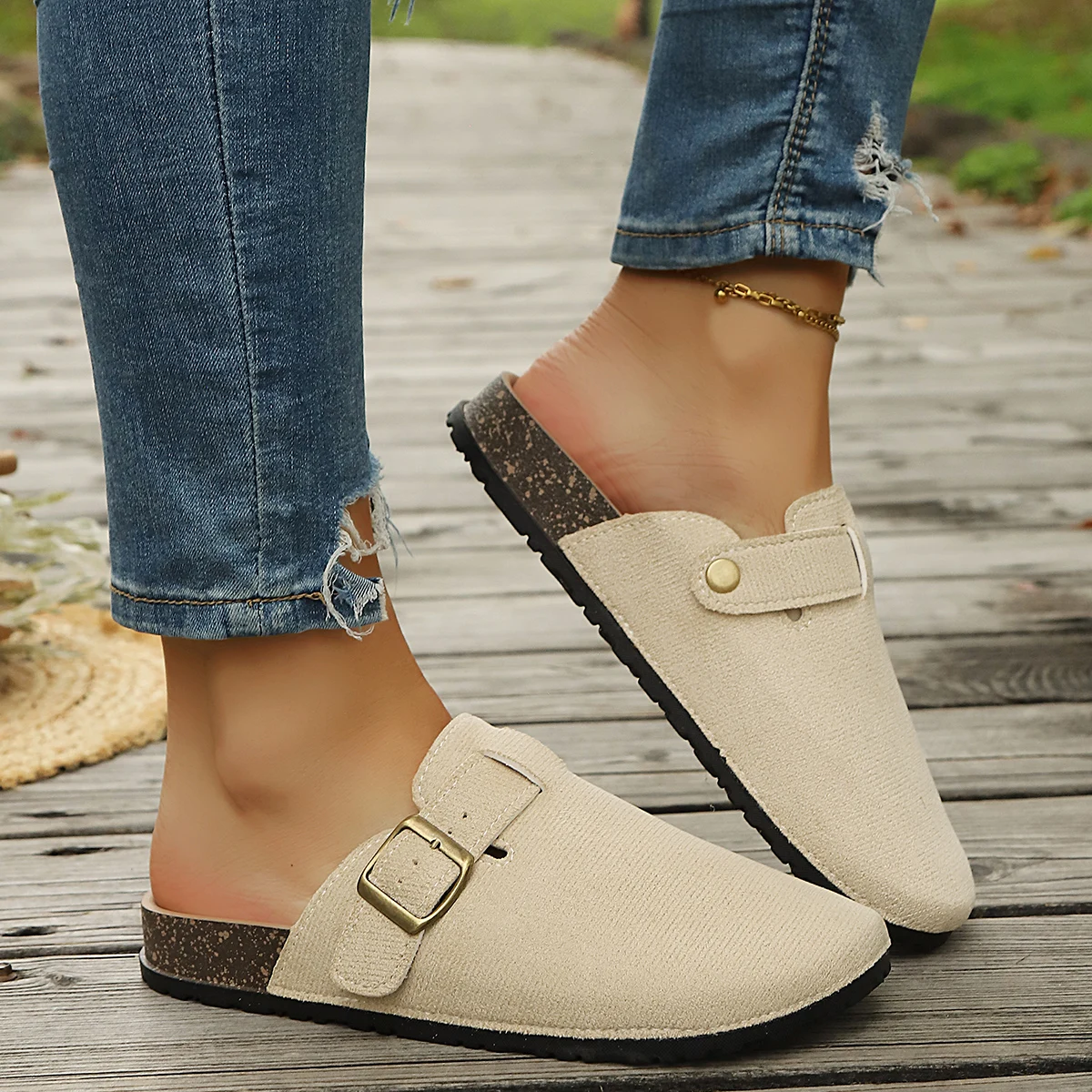 

Women Cork Sole Clogs Slippers 2026 Flat Mules with Buckle Shoes Women Beach Platform Sandals Lightweight Baotou Slides Women