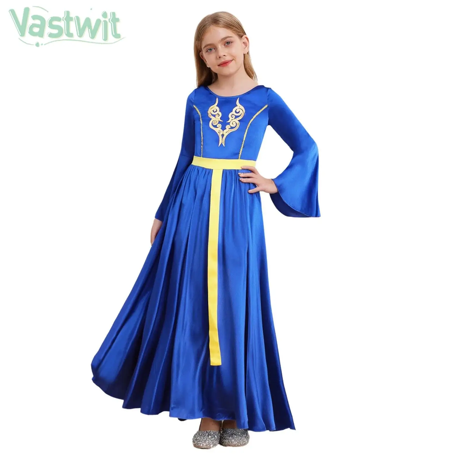 

Child Girls Flare Sleeve Sequins Retro Medieval Renaissance Princess Dress Halloween Theme Party Royalty Queen Cosplay Costume