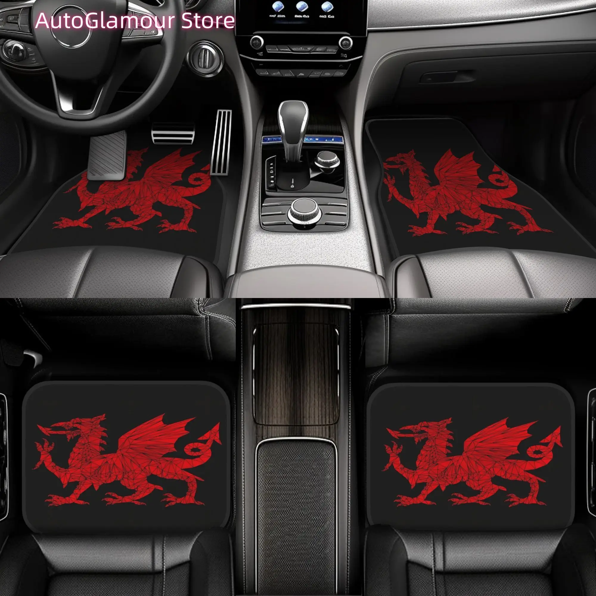 4pcs Welsh Dragon Geometric Car Floor Mats, Durable Polyester Fiber, Fit for Cars, Ideal Gift, Vehicle Interior Mats, Playful De