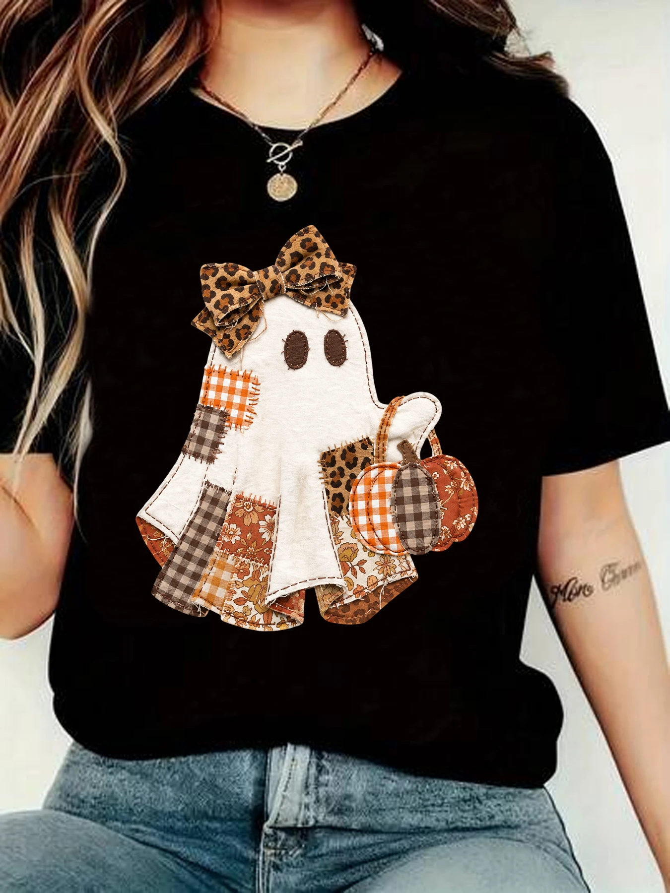 【WZM17315】Summer short sleeved women's plus size T-shirt casual round neck checkered shirt ghost print T-shirt plus size