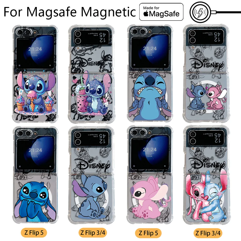 Cool Cartoon Stitch Disneys Magsafe Magnetic Phone Case for Samsung Galaxy Z Flip 4 Z Flip 5 6 Z 5G Soft Transparent Back Cover