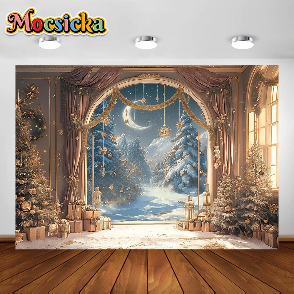 خلفية التصوير الفوتوغرافي تحت عنوان عيد الميلاد ، شجرة عيد الميلاد ، نافذة القمر ، ديكور الحفلات ، صورة عائلية ، خلفية صورة للاستوديو ، الأطفال
