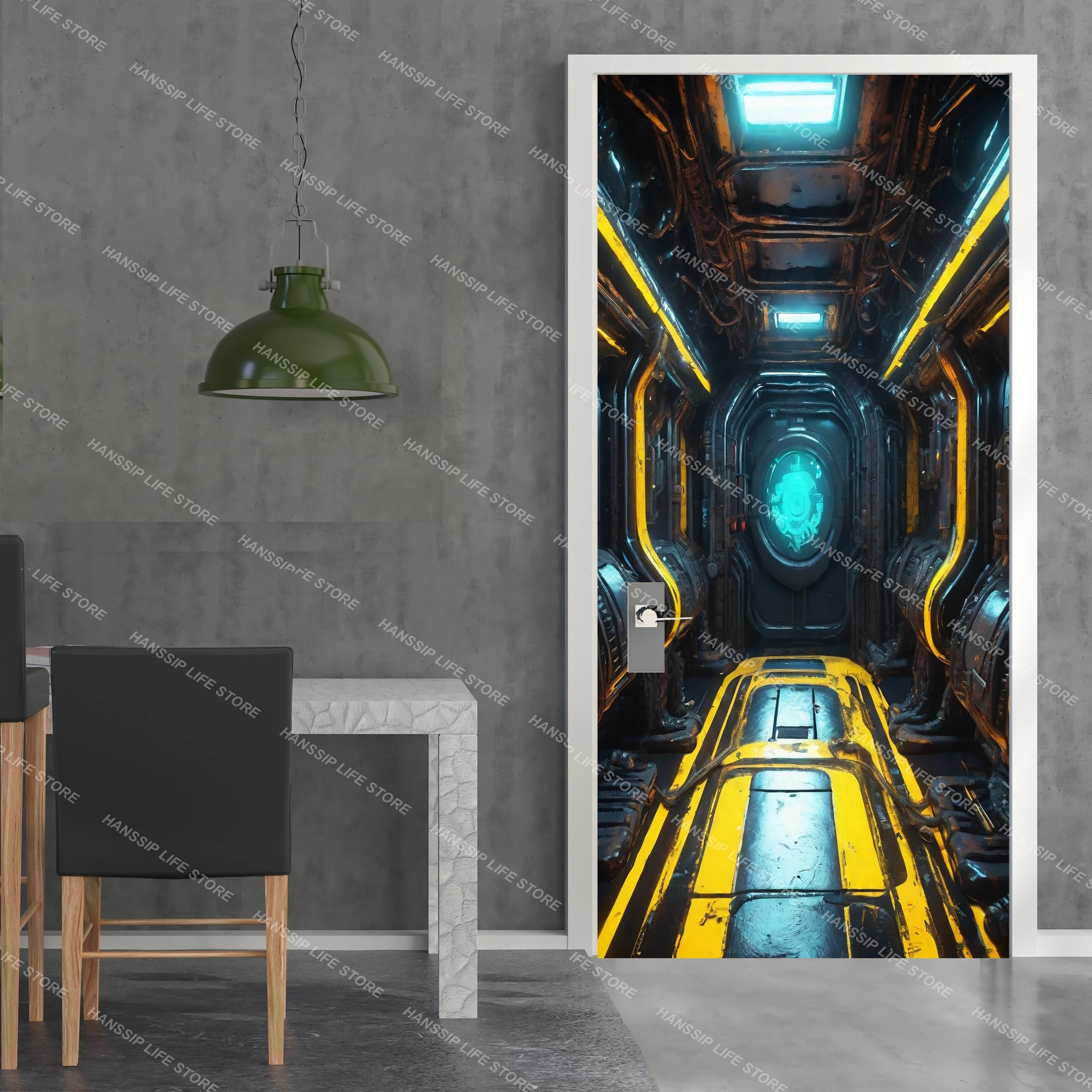 Adesivo per porta in metallo per navicella spaziale con tecnologia moderna Poster autoadesivo con linee astratte Hitech per decalcomanie artistiche