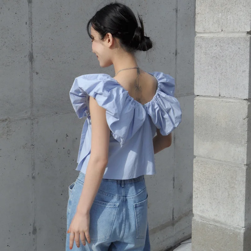 

Short French Style Shirt Women's Fashion V-neck Pleated Sleeveless Blouse Cotton Material Long Sleeve Casual Wear Daily Use
