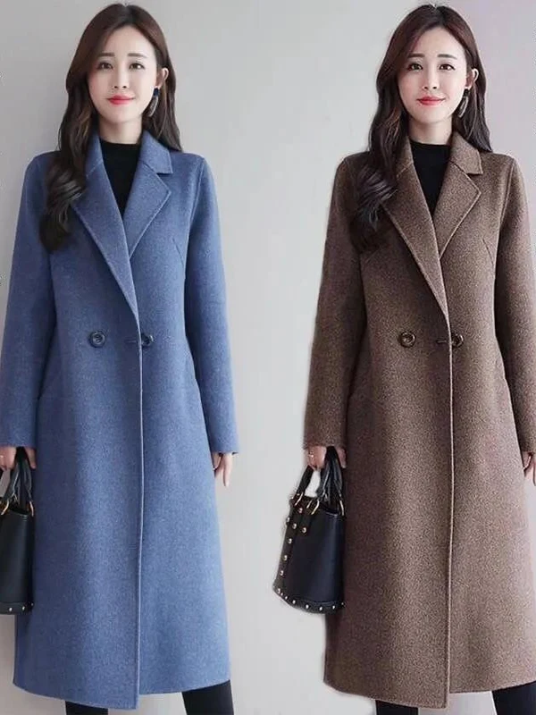 

New Mid-Length Woolen Coat Women's Korean Sle Loose Slimming Windbreaker Long Sve Double-Breasted Button Pure Color