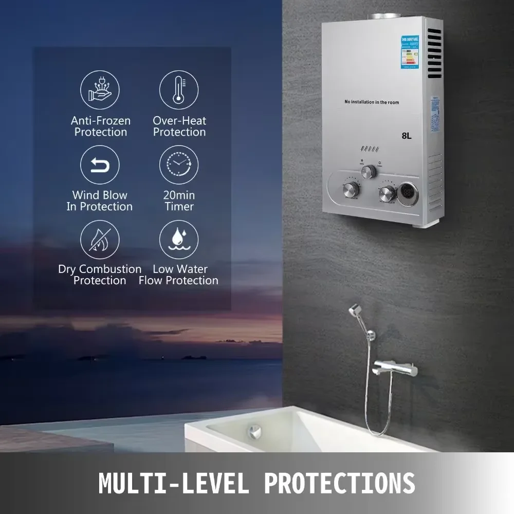 VEVOR 6L 8L 10L 12L 16L 18L LPG Gas Water Heater Domestic Instant Tankless Propane Tankless Gas Water Heater