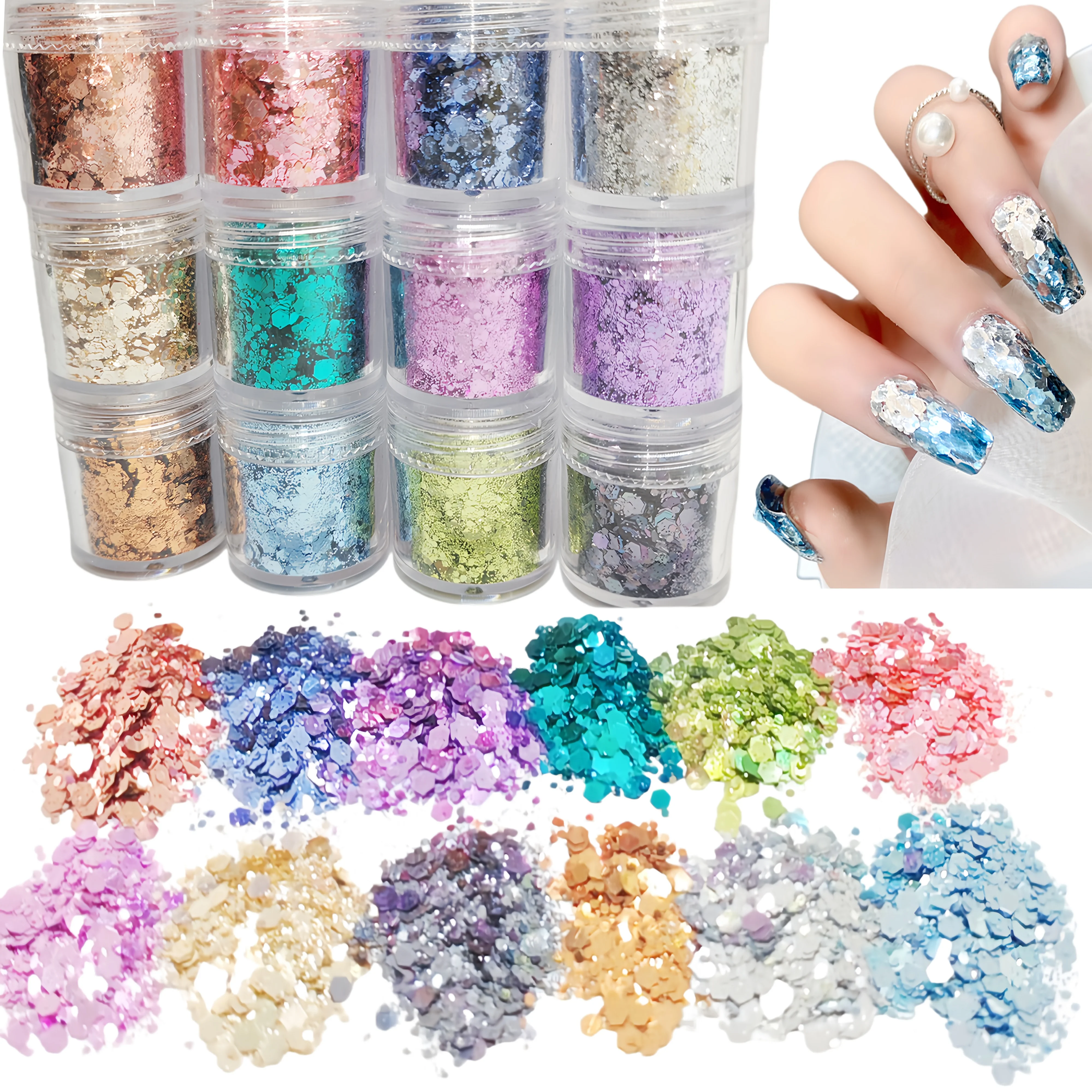 

Metallic 12 Colors Mermaid Chunky Glitter Mix Hexagon Flake Shape Sequins for Nail Art Face Hair Make up,Festival,Slime,Tumbler
