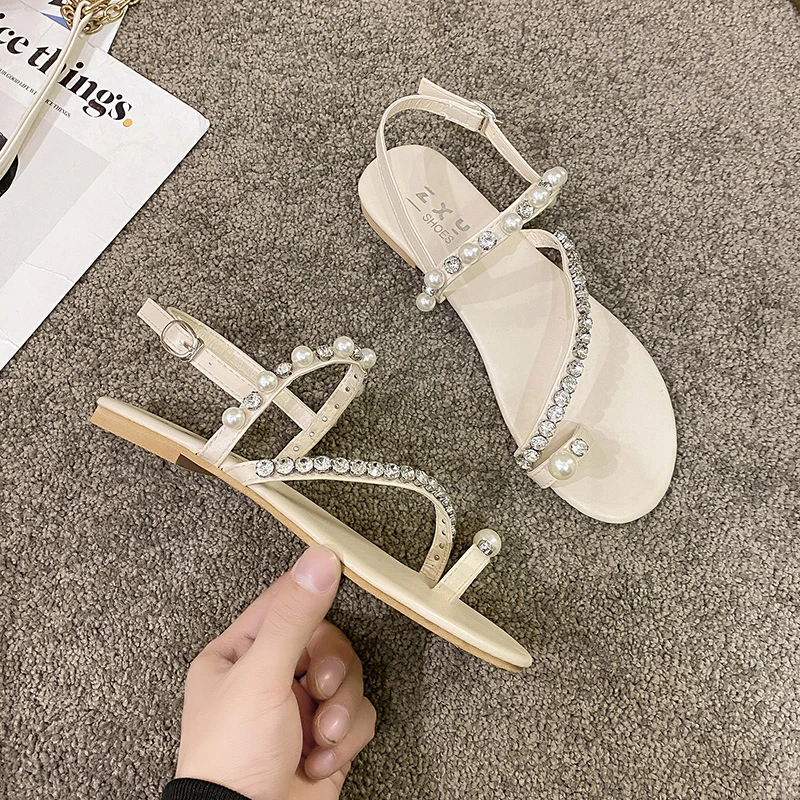 

Low Heel Casual Modern Sandals Buckle Strap Fashion Ladies Shoes 2024 High Quality String Bead Flat with Women's Sandals