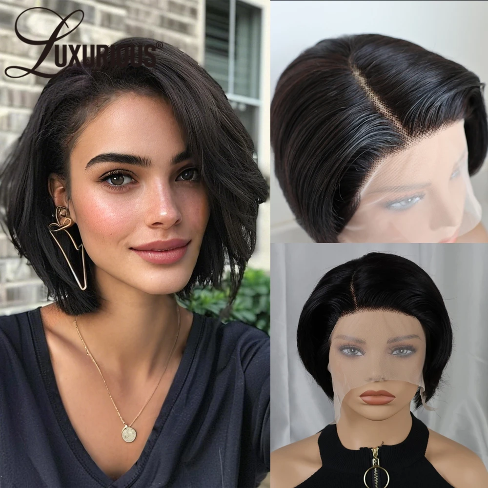 Straight Brazilian Remy Human Hair Side Part Lace Front Wigs For Women Pixie Cut Black Color Short Bob L Part Lace Frontal Wigs