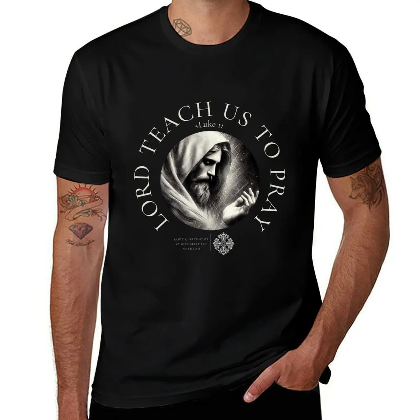 Lord Teach us to Pray Coptic Orthodox Featuring Jesus Sketch T-Shirt Casual Lightweight Short Sleeve Top T-Shirt