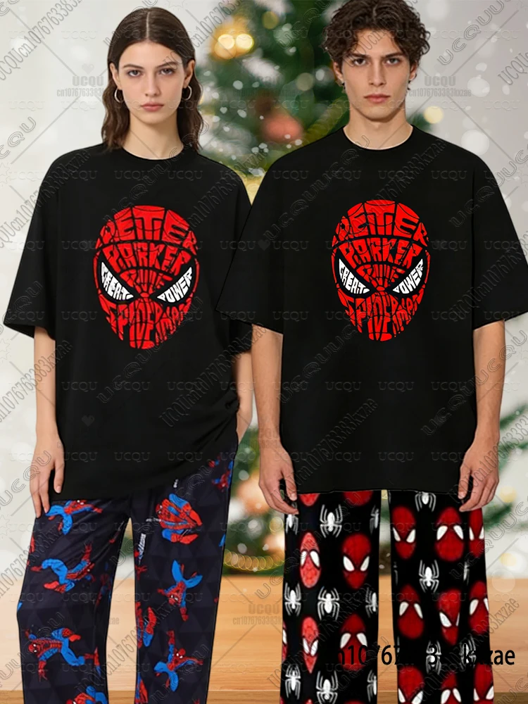

Spider-Man Fashion Sweet Cool Couple Summer Cotton Tshirt With Pajamas Pants Casual Oversized Suits Men Women Christmas Clothing
