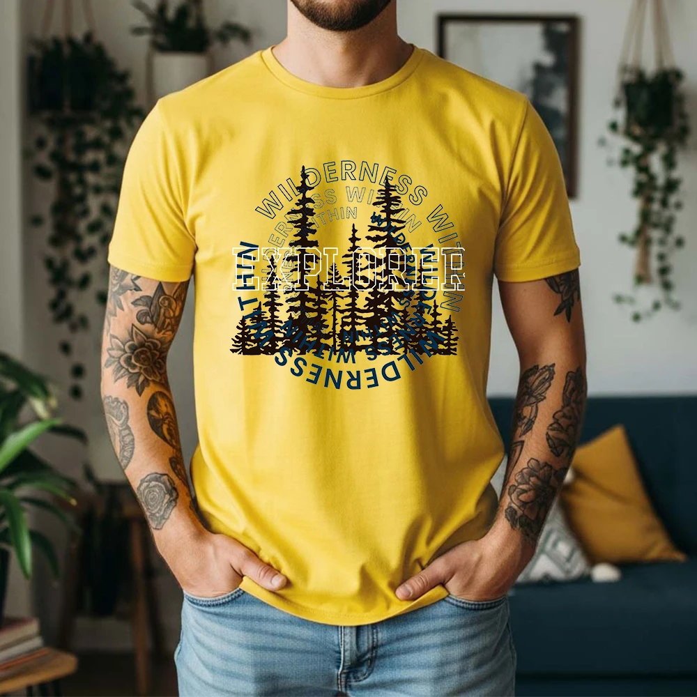 Mens 100% Cotton T Shirt Wilderness Within Forest Pine Tree Overlap Text Print Casual Breathable Vintage Short Sleeve Daily Wear