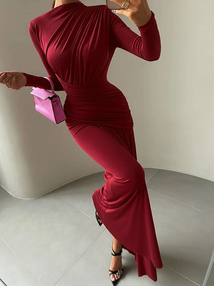 Nibber Folds Maxi Dress Women o-Neck Full Sleeve Solid Banquet Elegant Vacation Fashion Autumn Skinny Casual Simple Vestidos image 5