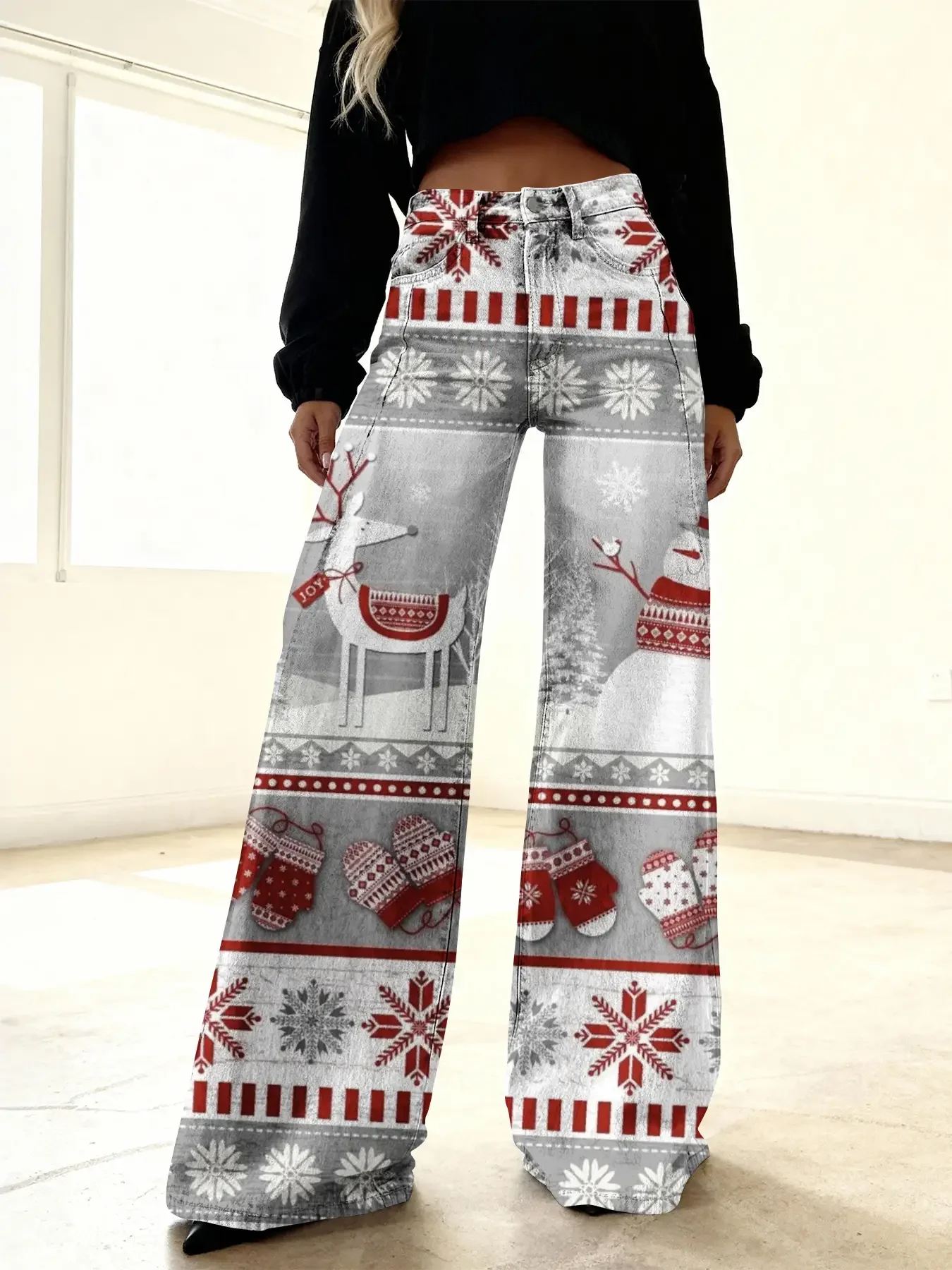 2026Christmas women's imitation denim printed high waisted flared pants, sweet and cute, All-season