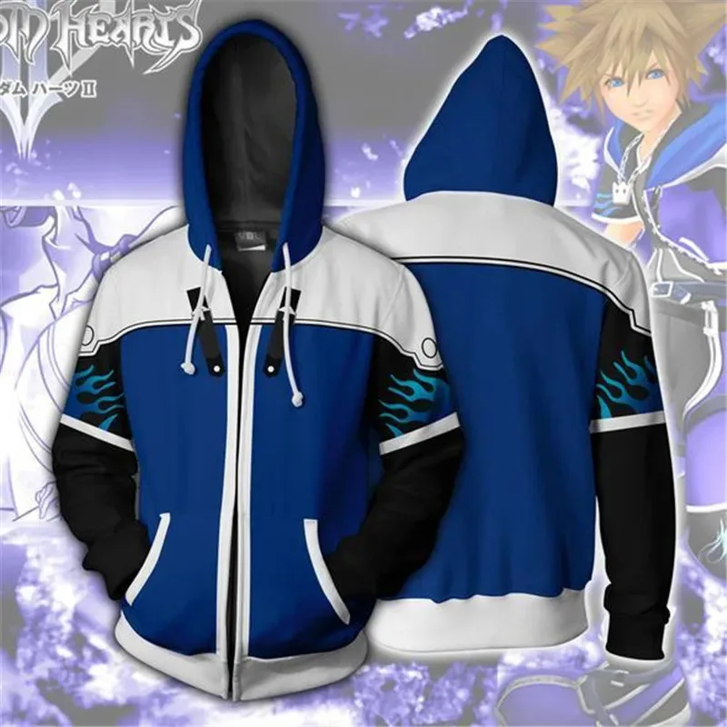 Moletom com capuz com zíper 3D Anime Kingdom Hearts Cosplay moletom com capuz masculino roupas jaqueta