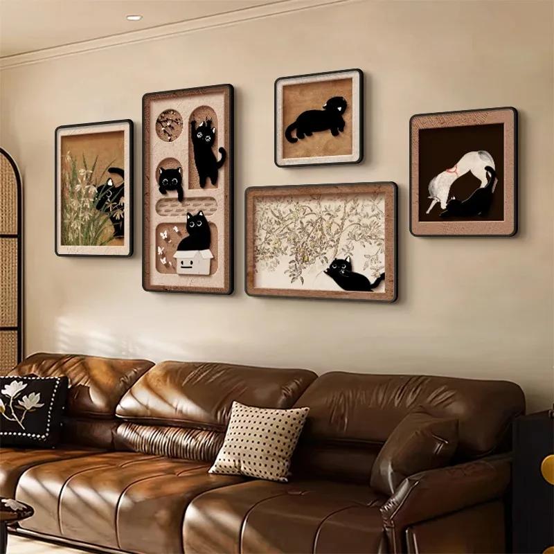 

Cat antique living room decoration French retro sofa background wall hanging paintings high-end niche combination