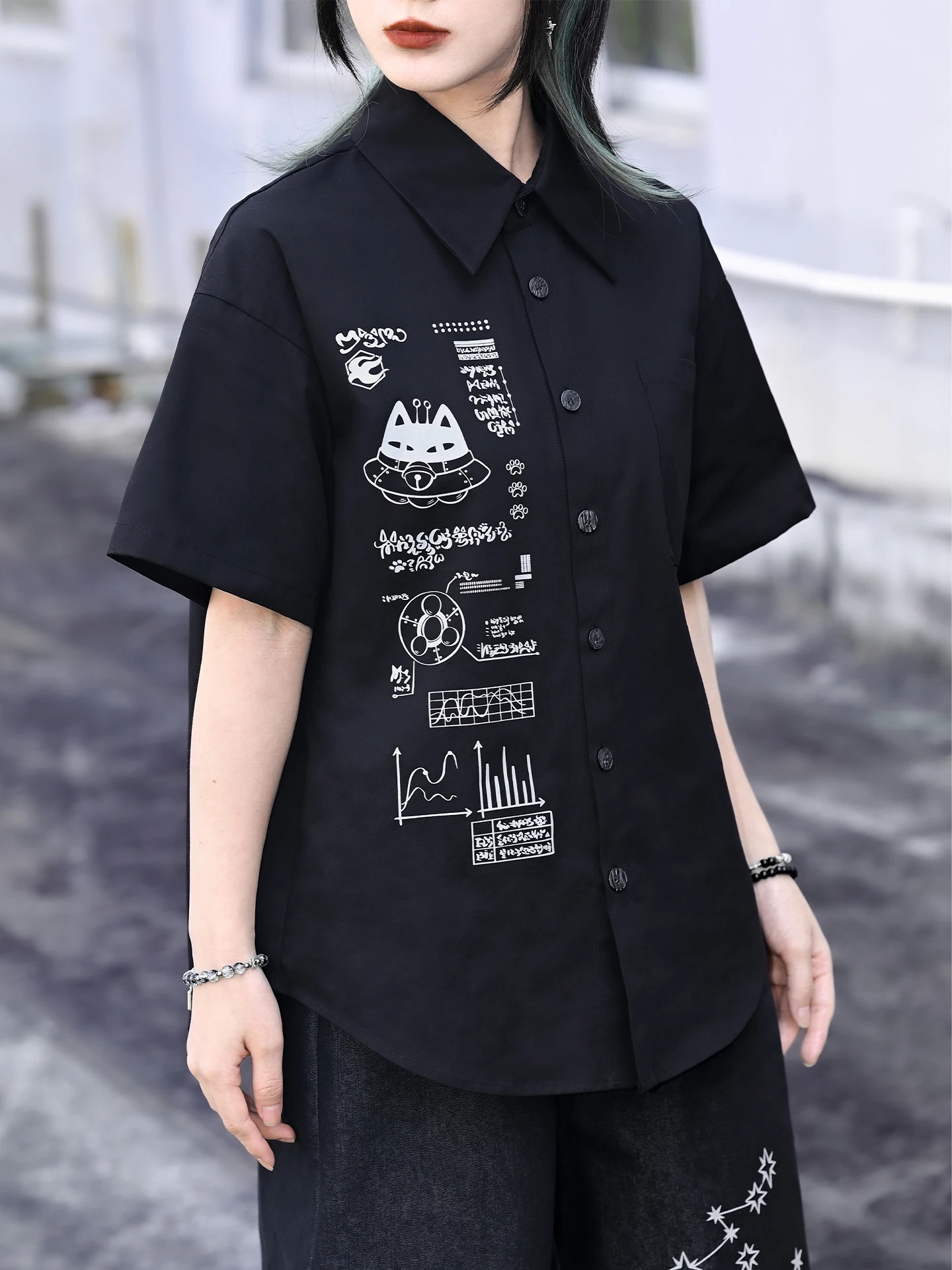 

New Arrival Casual Short Sleeve Printed Shirt Women's Black Versatile Top Summer Loose Fit Cotton Shoulder Printed Pirate