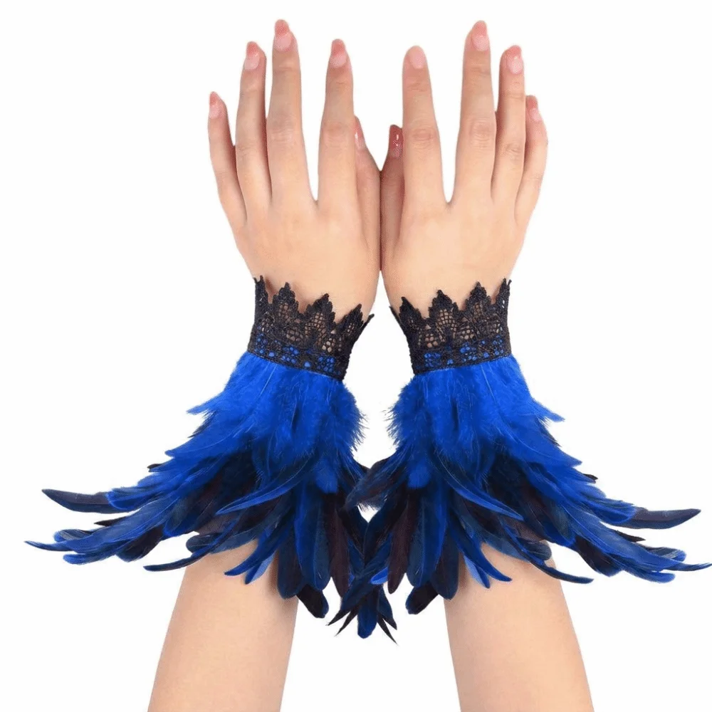 Vintage Black Fluffy Feather Wrist Cuffs Lace Adjustable Halloween Arm Cuff Gloves Punk Gothic Wristband Costume Prop