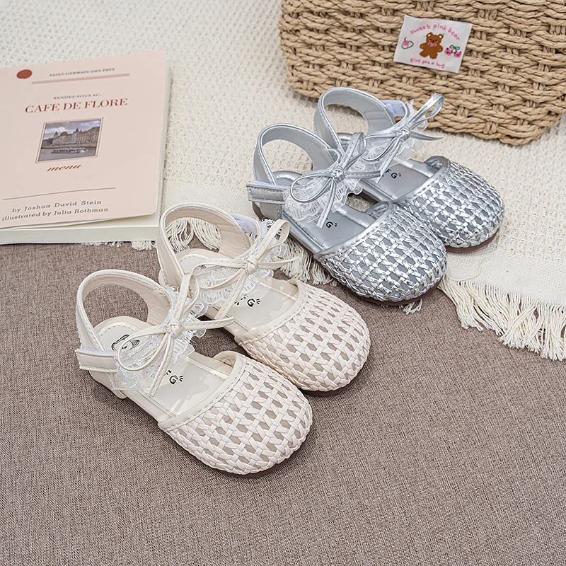 Girls Half Sandals Kids Summer Princess Shoes Anti Slip Soft Sole Children Weave Toes Capped Sandals with Lace Bow-knot
