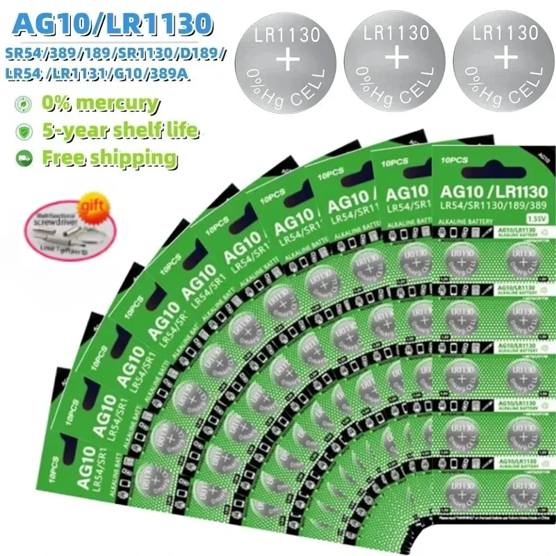 

New 10-200PCS 1.55V AG10 LR1130 SR54 389 189 SR1130 D189 LR54 Button Batteries G10A SR1130SW Cell Coin Watch Toys Remote Battery
