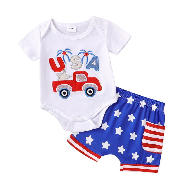 Boys 4th of July Shorts Sets Short Sleeve Letter Car Embroidery Romper Star Stripe Print Shorts Sets