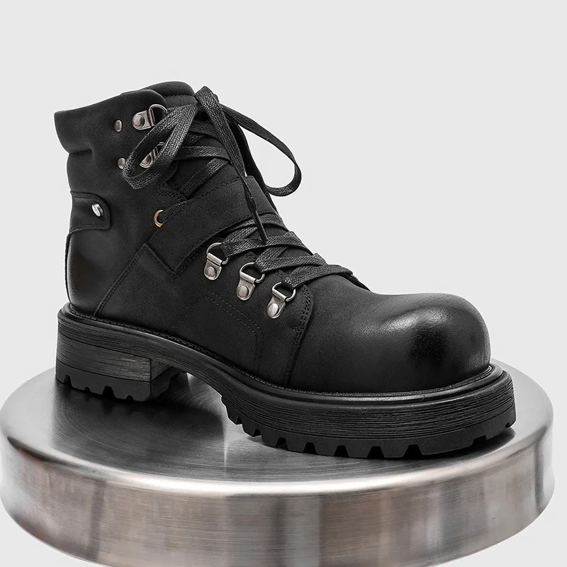 Brand Men Leather Boots Motorcycle Snow Cowboy Flats Platform High Top Ankle Winter Shoes Luxury Vintage Designer Shoes view 3