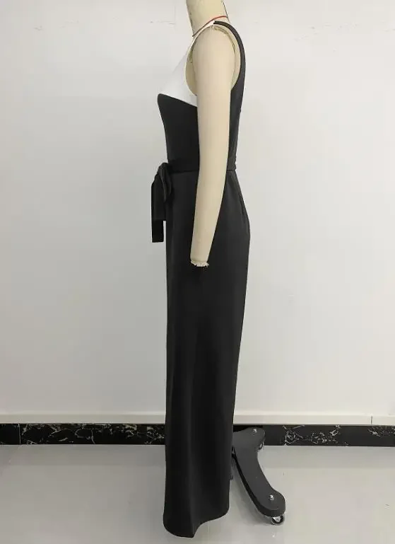 Summer New Women's Minimalist Commuting Jumpsuit Fashion Elegant Black & White Contrasting Waist Cinched Sleeveless Jumpsuits