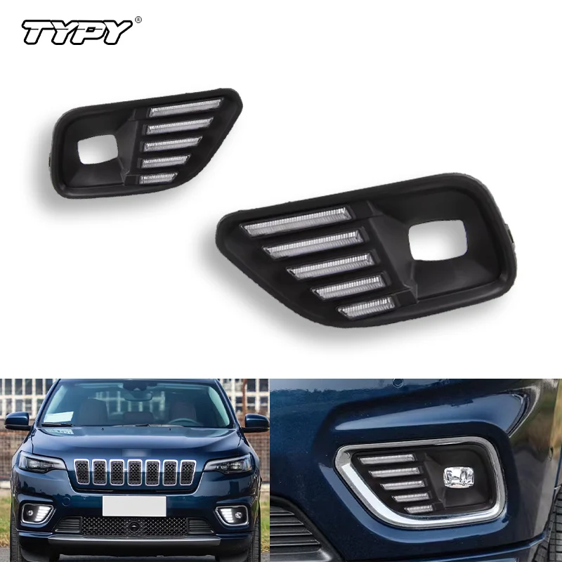 

TYPY 1 комплект светодиодных дневных ходовых огней для Jeep Cherokee 2019-2023, автомобильные аксессуары, водонепроницаемые ABS 12 В, DRL, противотуманные фары, украшение