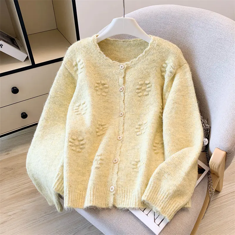 New Korean Fashion Yellow Cardigan Women 2026 Autumn Winter Long Sleeve Knitted Sweater Outerwears