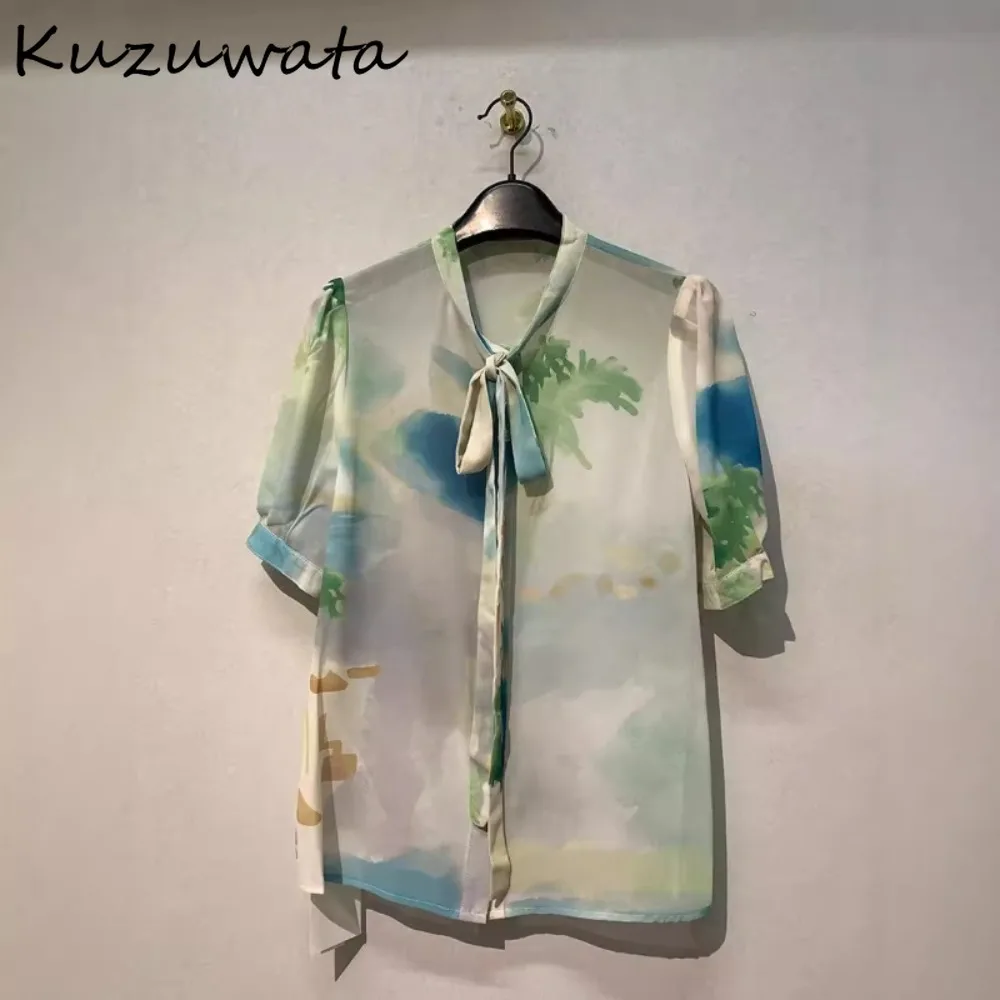 

Kuzuwata Print Loose Single Breasted Moda Shirt Graffiti Fresh Elegant Lace Up Blouses Japan Short All-match Trendy New Blouses