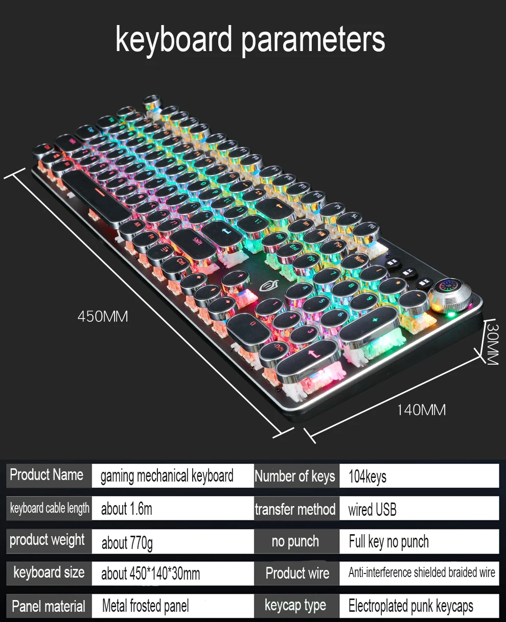 Imagem -06 - Wired Teclado Mecânico Gaming Punk Backlit Retro E-sports Periféricos Desktop Computador