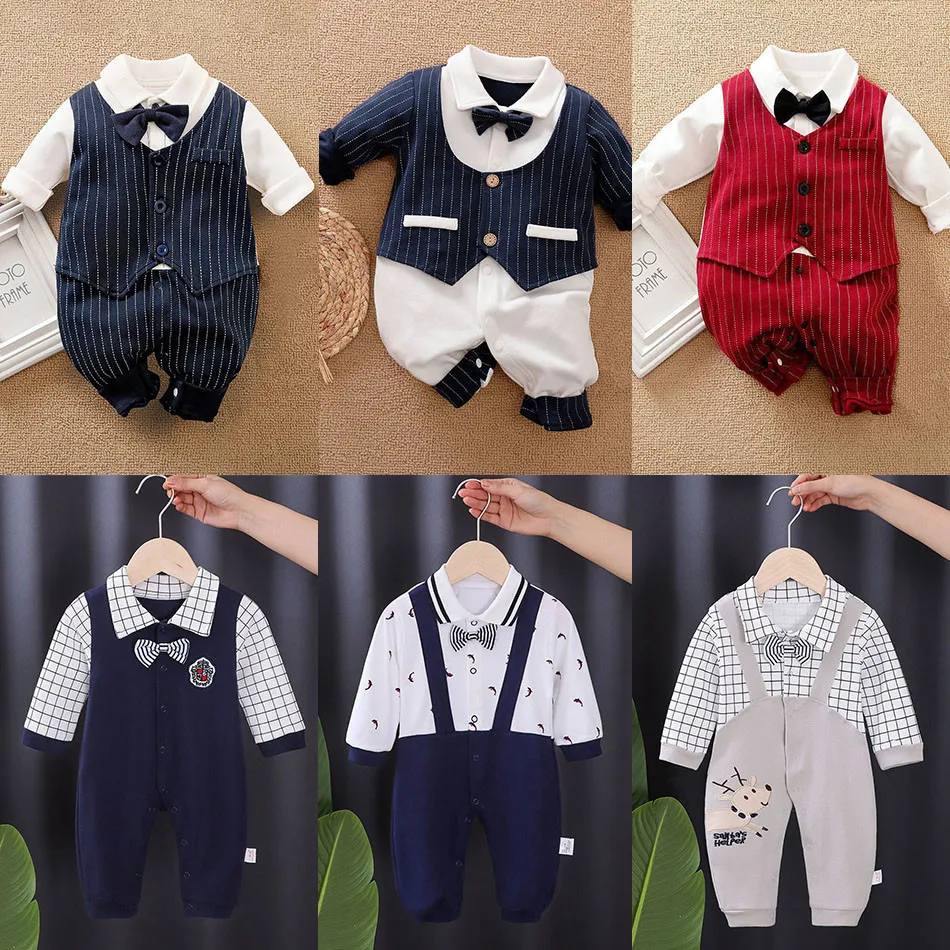 3-18M Boys Romper Newborn Striped Gentleman Tuxedo Infant Party Costume Baby Sleepwear Outfit Long Sleeve Formal Clothes Sleeper