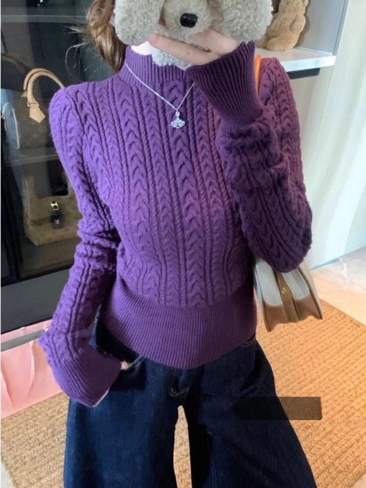 

Korean Sle Slim Fit Long Sve Knitted Sweater Women's Early Spring Twist Pure Color Stand Collar Base Layer Sweater