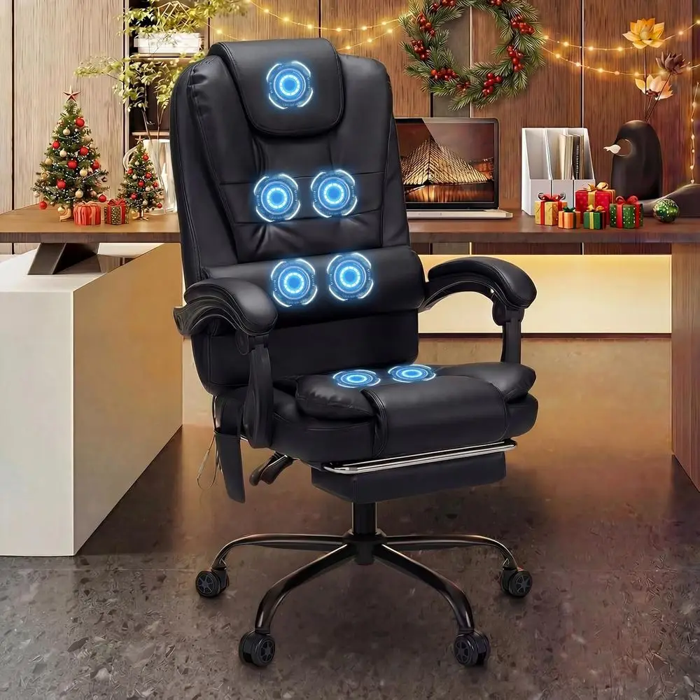 フットレスト付きマッサージオフィスチェア 7点振動人間工学に基づいたエグゼクティブデスクチェア レザーコンピュータオフィスチェア ブラック