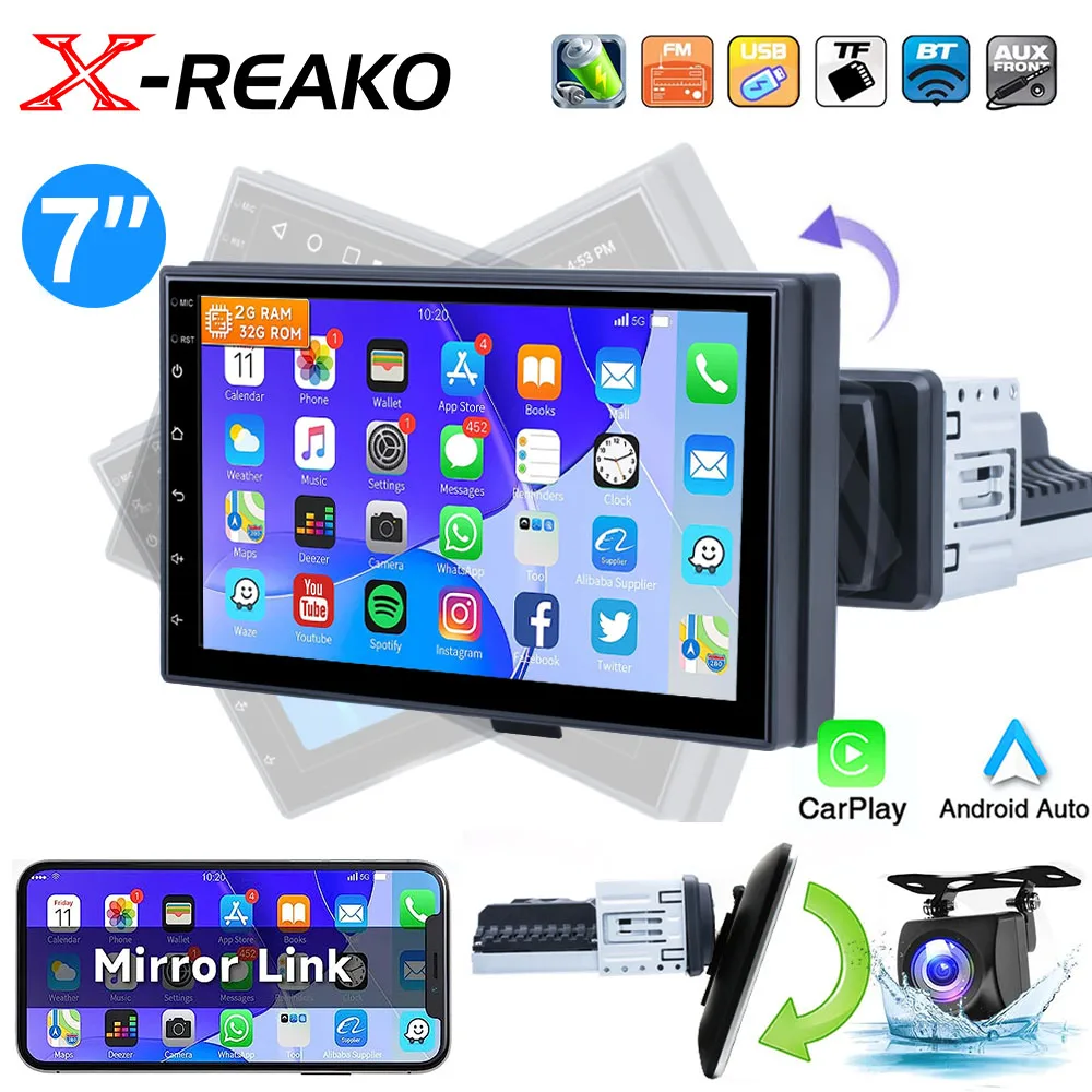 

X-REAKO Car Radio Android 12 7" 360 Rotation 1 Din Universal Car Multimedia Player Carplay Android-auto GPS Navigation WIFI 2+32