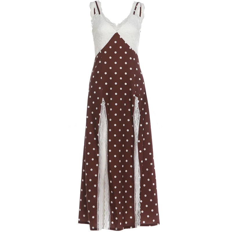 Weird Puss Maxikleid mit Polka-Dot-Print für Damen, Patchwork-Spitze, hoher Schlitz, V-Ausschnitt, ärmellos, Street-Fashion, Party, klassisches Vestido – Detail 2