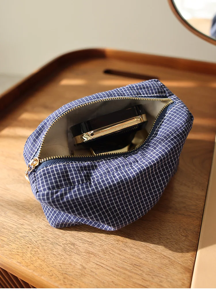 Kosmetiktasche aus kariertem Stoff mit Streifenmuster, quadratische, dreidimensionale Aufbewahrungstasche mit Reißverschluss, tragbare Reisetasche, Handtaschenfutter, Make-up-Tasche – Detail 4