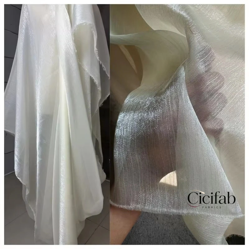 Light Beige Crinkled Water Light Tulle Ice Flower Wrinkle Texture Semi-Sheer Fabric for DIY Apparel Sewing Background Decoration
