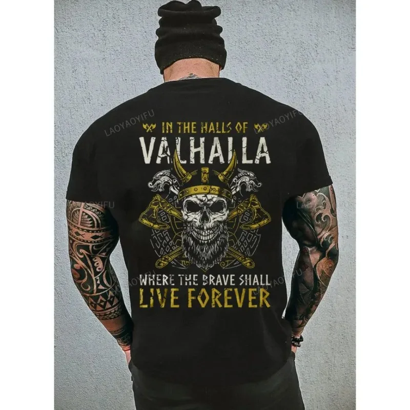 Victory or Valhalla Viking Classic Mens Cotton T-Shirt Viking Print Valhalla Odin T Shirt Men Short Sleeve Viking Legend T-Shirt