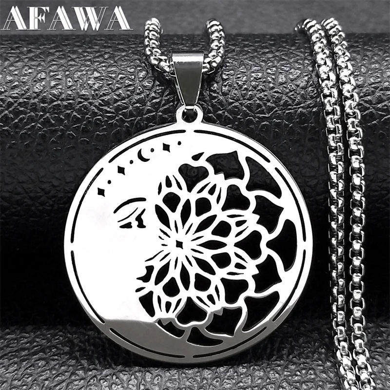 Aesthetic Moon Star Mandala Pendant Necklace for Women Men Stainless Steel Flower Chain Gift for Girlfriend Jewelry colar N9732S