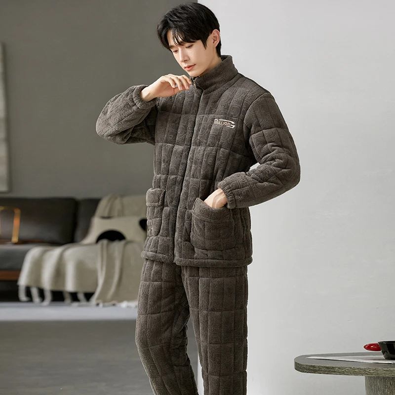 Winter Three Layers Quilted Pajamas Men Long Sleeved Coral Fleece Warm Soft Flannel Pyjamas Mens Lounge With Zipper Pajamas Set